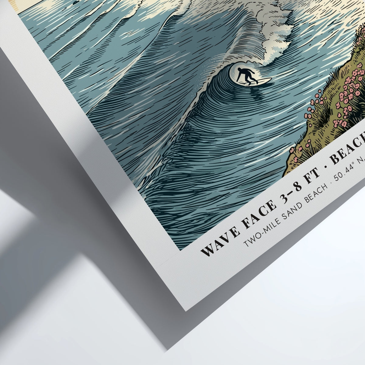 Poster of Watergate Bay Cornwall featuring a surfer on waves near dramatic cliffs.