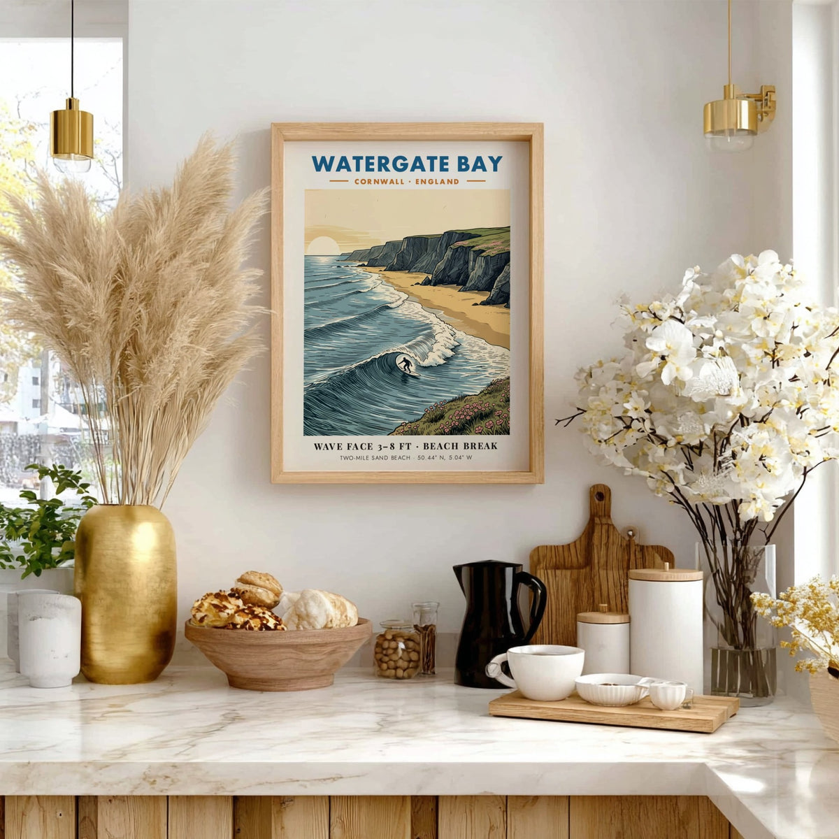Poster of Watergate Bay Cornwall featuring a surfer on waves near dramatic cliffs.