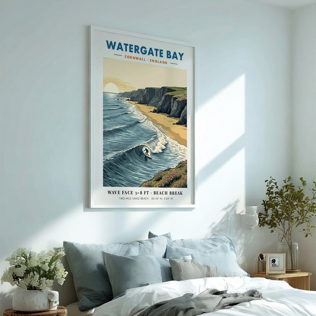 Poster of Watergate Bay Cornwall featuring a surfer on waves near dramatic cliffs.