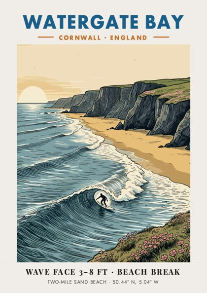 Poster of Watergate Bay Cornwall featuring a surfer on waves near dramatic cliffs.