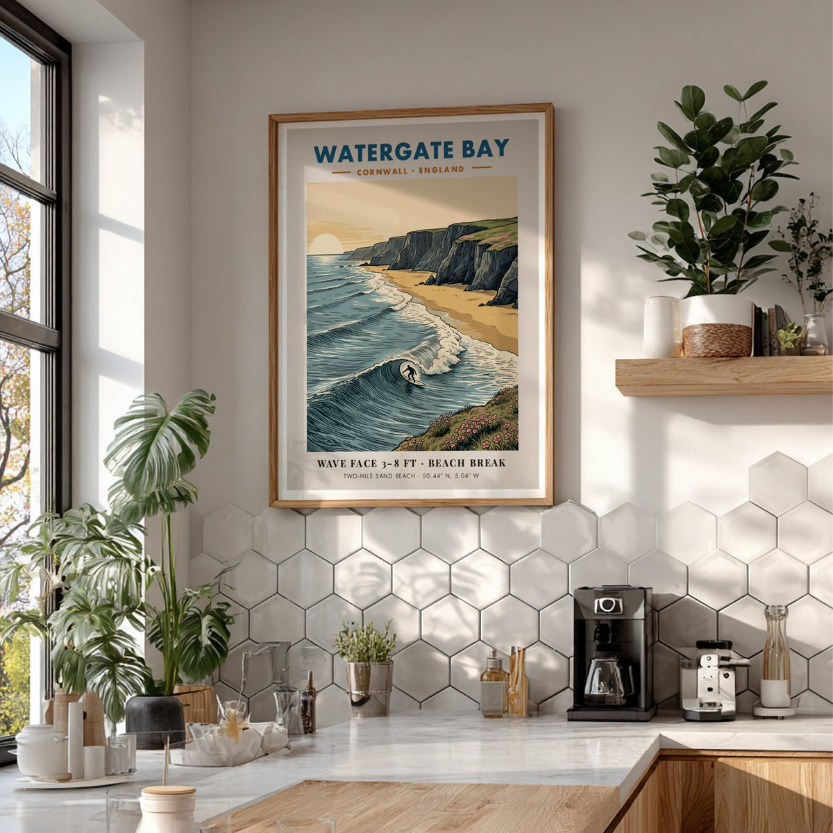 Poster of Watergate Bay Cornwall featuring a surfer on waves near dramatic cliffs.