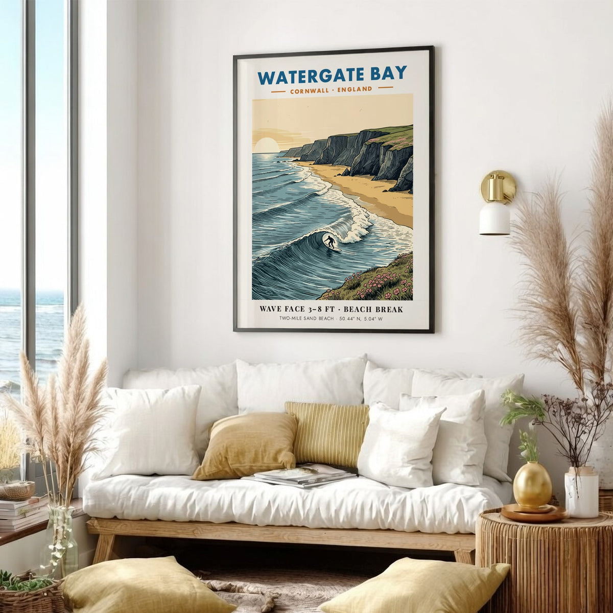 Poster of Watergate Bay Cornwall featuring a surfer on waves near dramatic cliffs.