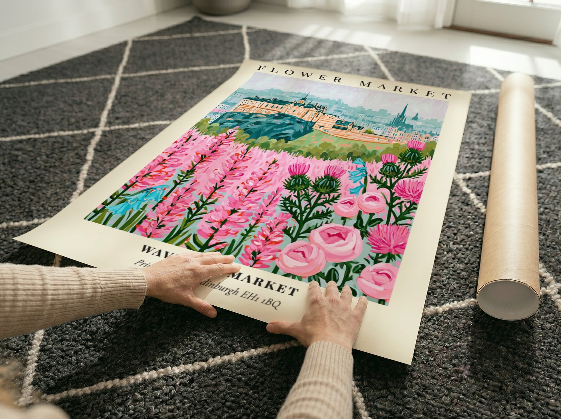 Floral art print featuring vibrant flowers and Edinburgh skyline in soft colors