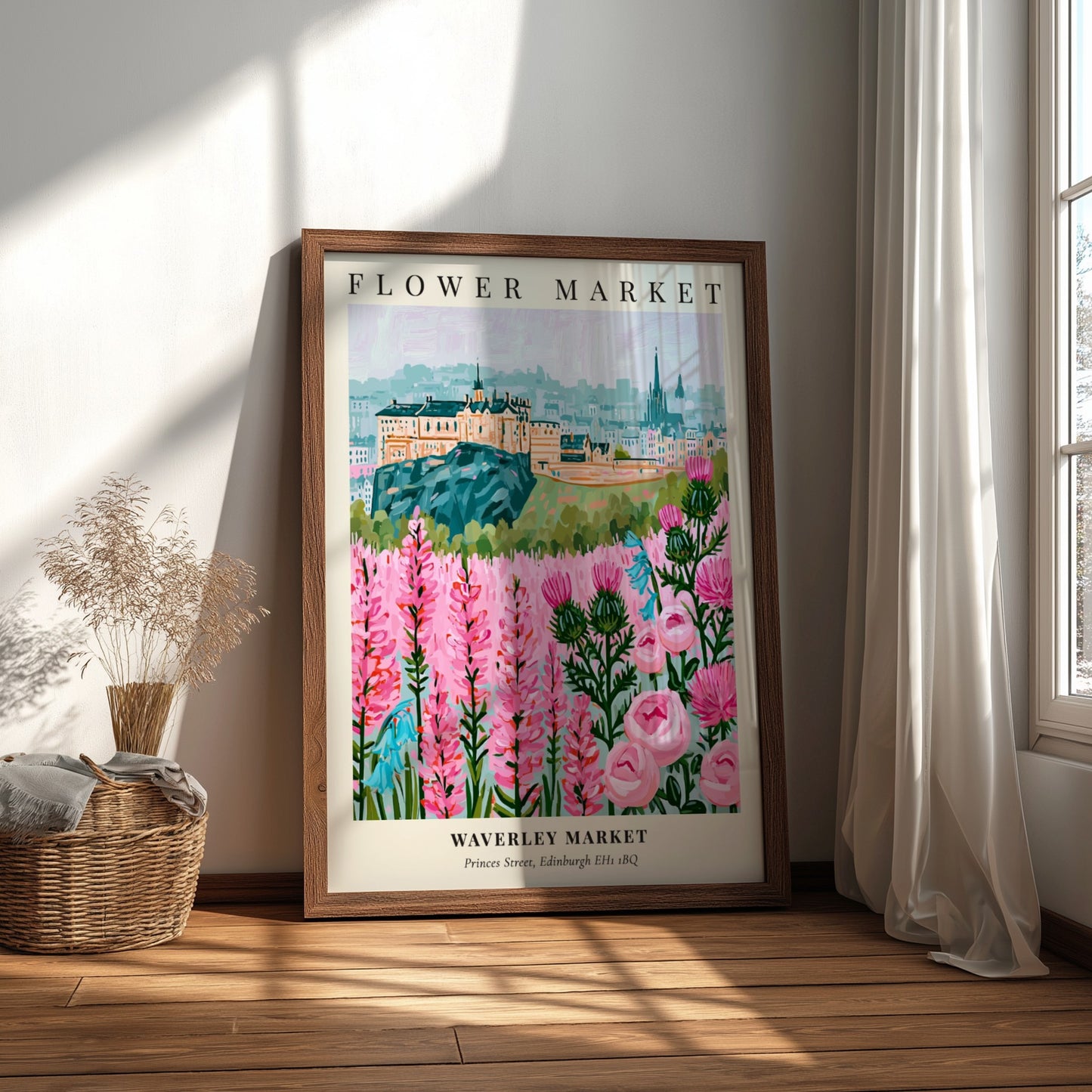 Floral art print featuring vibrant flowers and Edinburgh skyline in soft colors