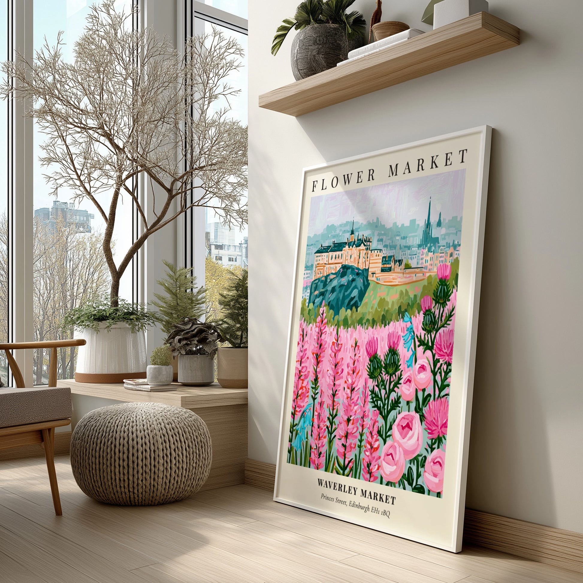 Floral art print featuring vibrant flowers and Edinburgh skyline in soft colors