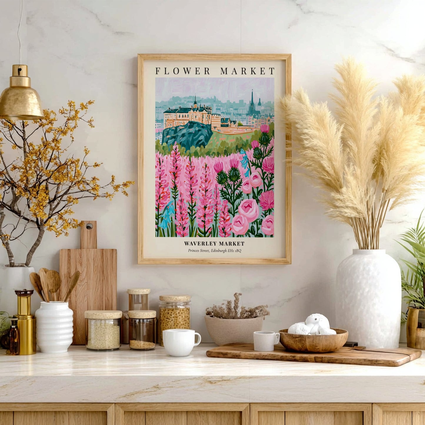 Floral art print featuring vibrant flowers and Edinburgh skyline in soft colors