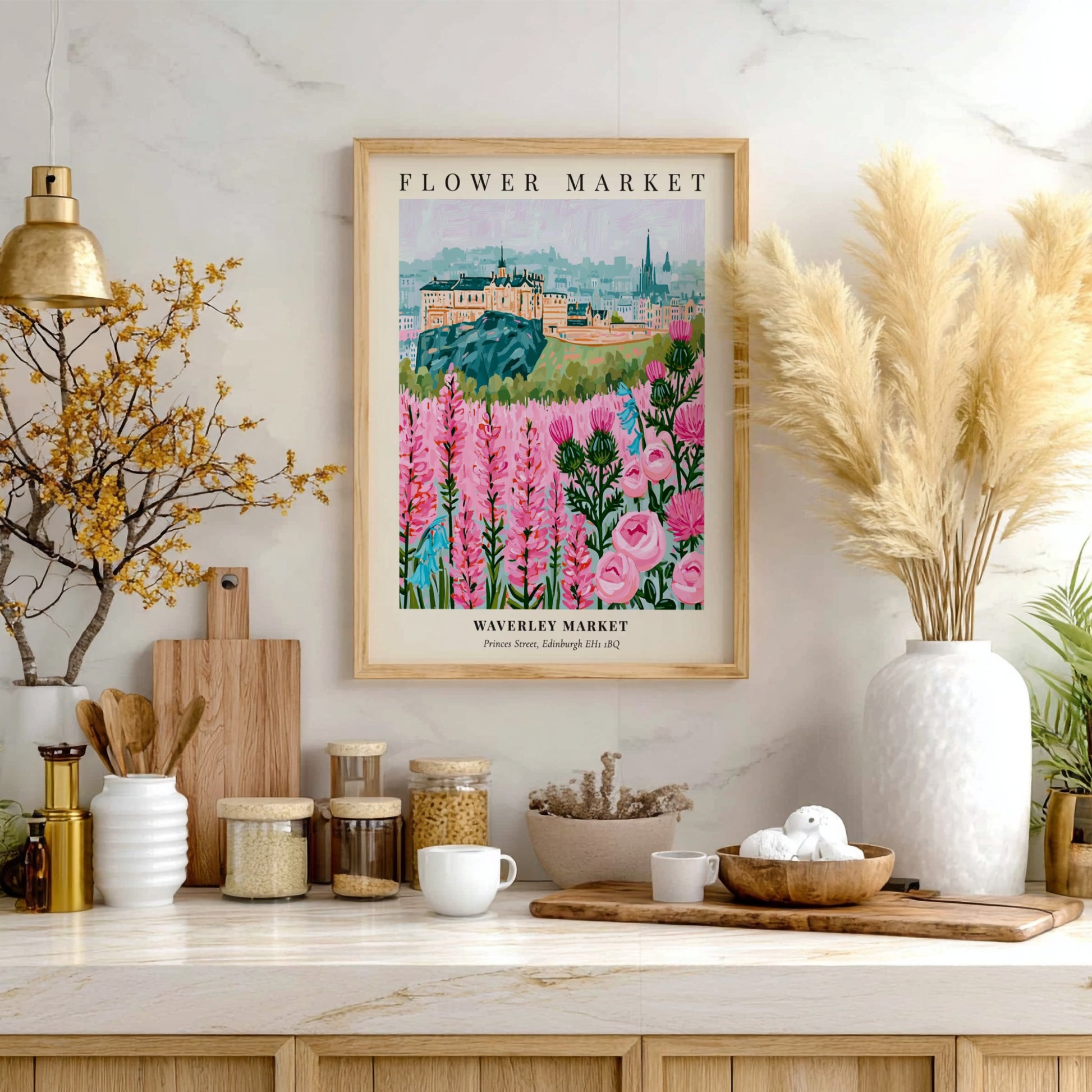 Floral art print featuring vibrant flowers and Edinburgh skyline in soft colors