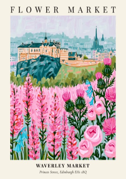 Floral art print featuring vibrant flowers and Edinburgh skyline in soft colors