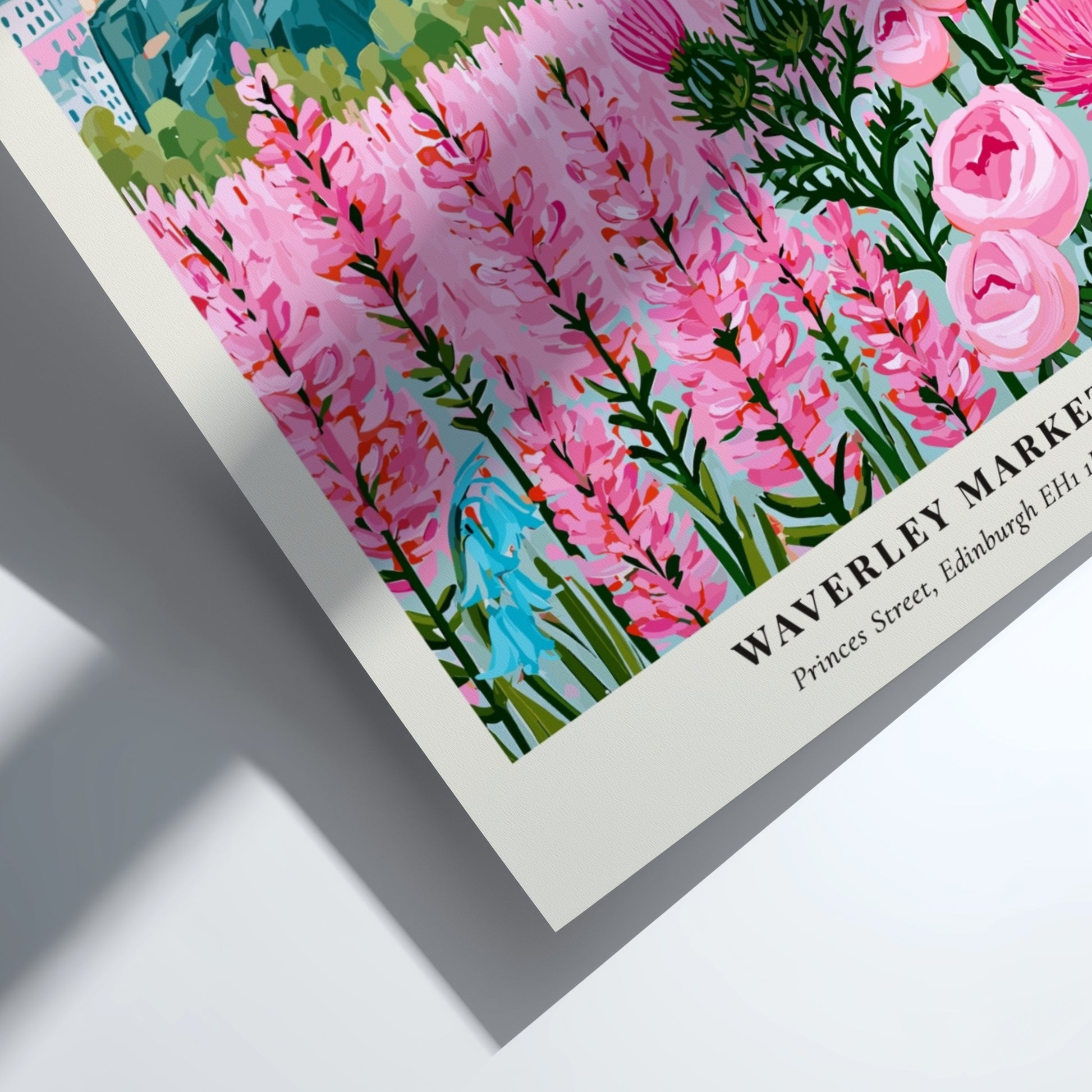 Floral art print featuring vibrant flowers and Edinburgh skyline in soft colors