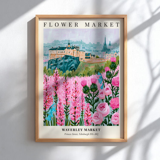 Floral art print featuring vibrant flowers and Edinburgh skyline in soft colors