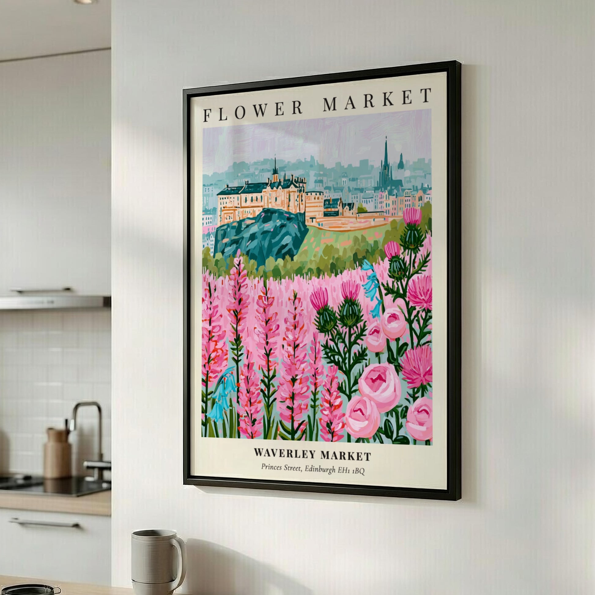 Floral art print featuring vibrant flowers and Edinburgh skyline in soft colors