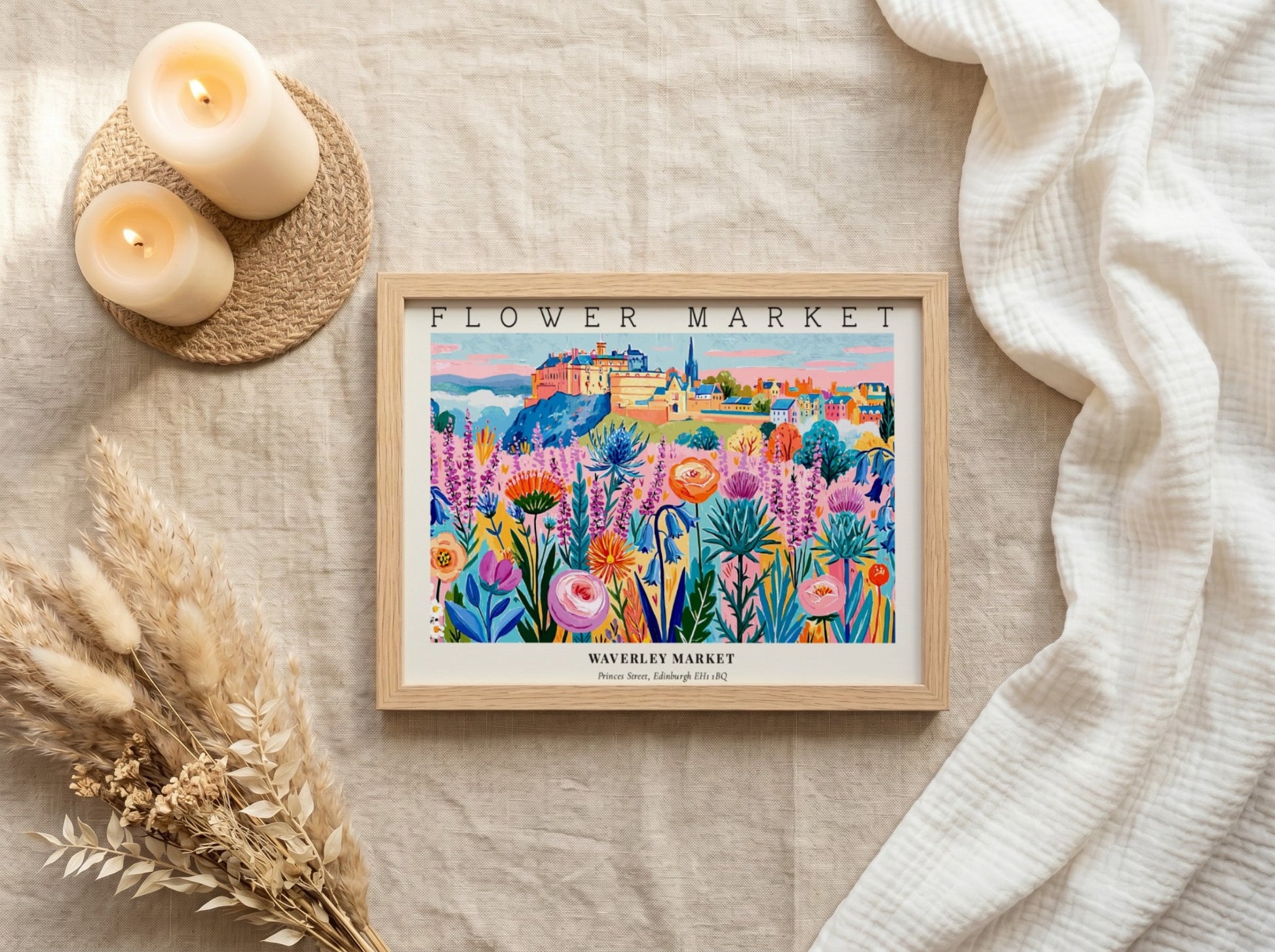 Flower market poster featuring vibrant blooms in a colorful landscape
