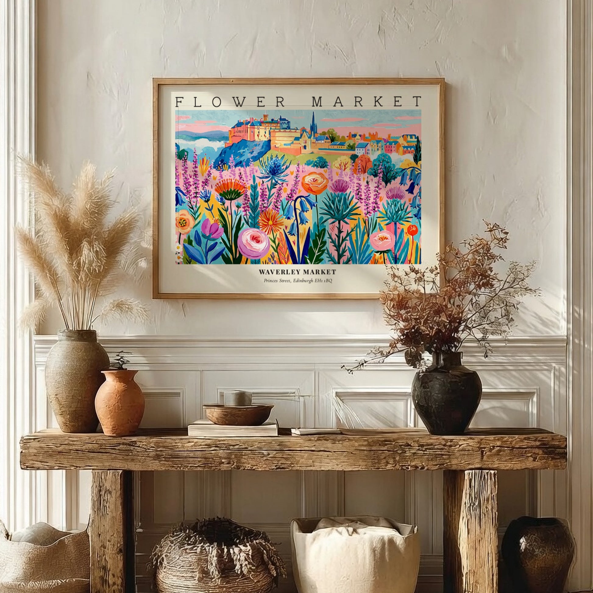 Flower market poster showcasing vibrant Edinburgh flowers in bright colors