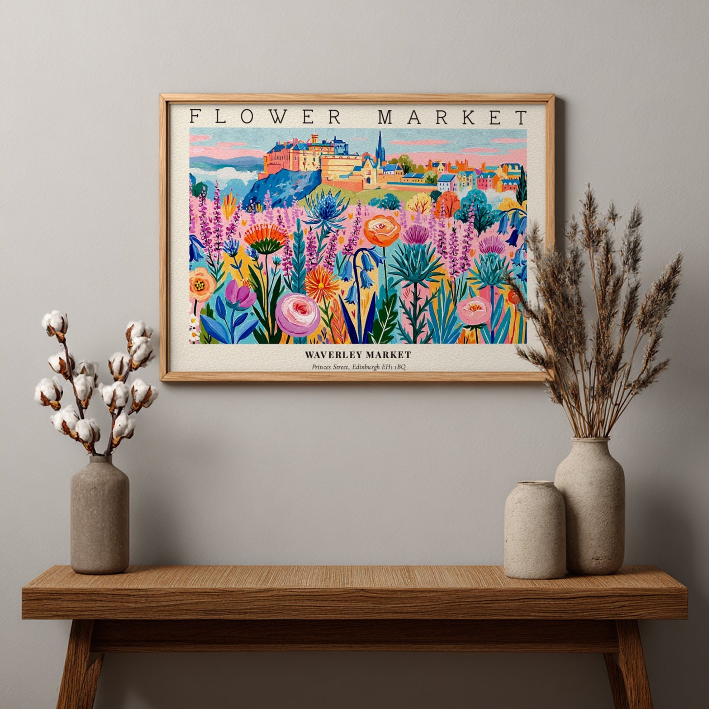 Flower market poster featuring vibrant blooms in a colorful landscape