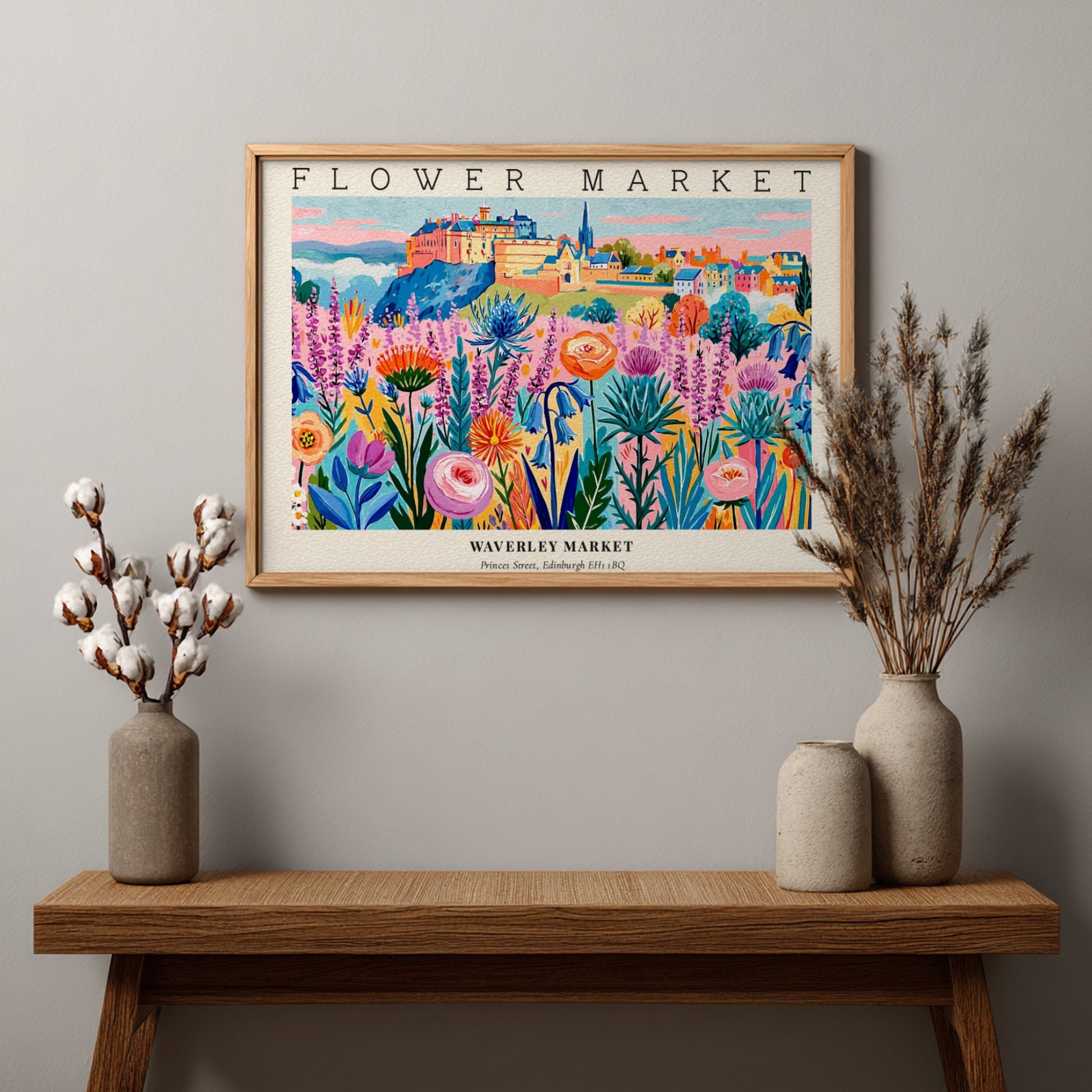 Flower market poster featuring vibrant blooms in a colorful landscape