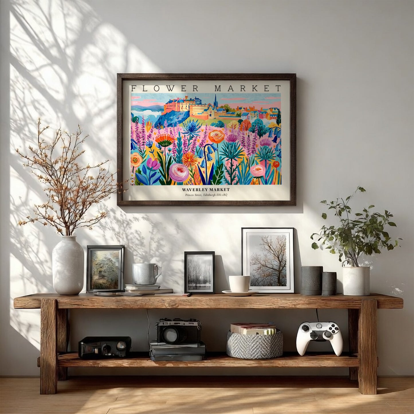 Flower market poster featuring vibrant blooms in a colorful landscape