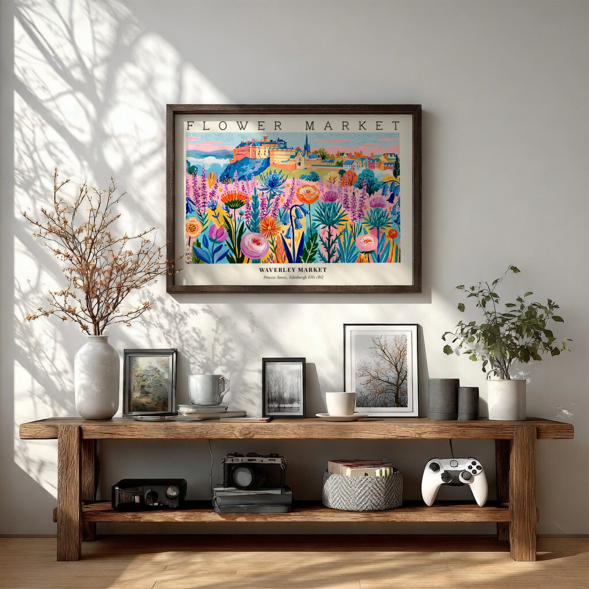Flower market poster featuring vibrant blooms in a colorful landscape