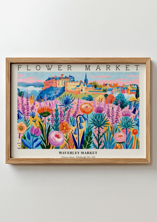 Flower market poster featuring vibrant blooms in a colorful landscape