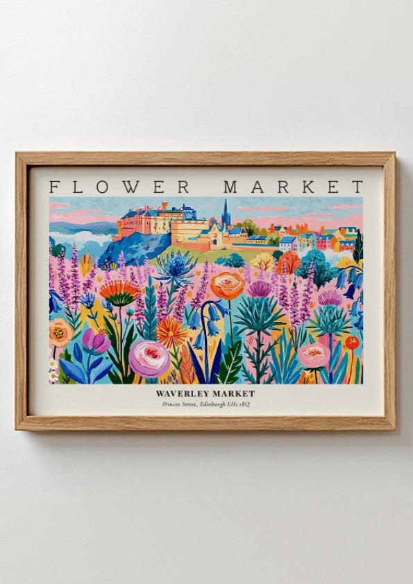 Flower market poster showcasing vibrant Edinburgh flowers in bright colors