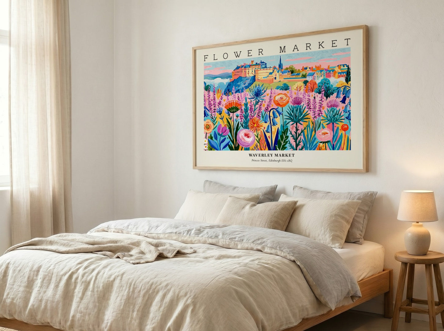 Flower market poster showcasing vibrant Edinburgh flowers in bright colors