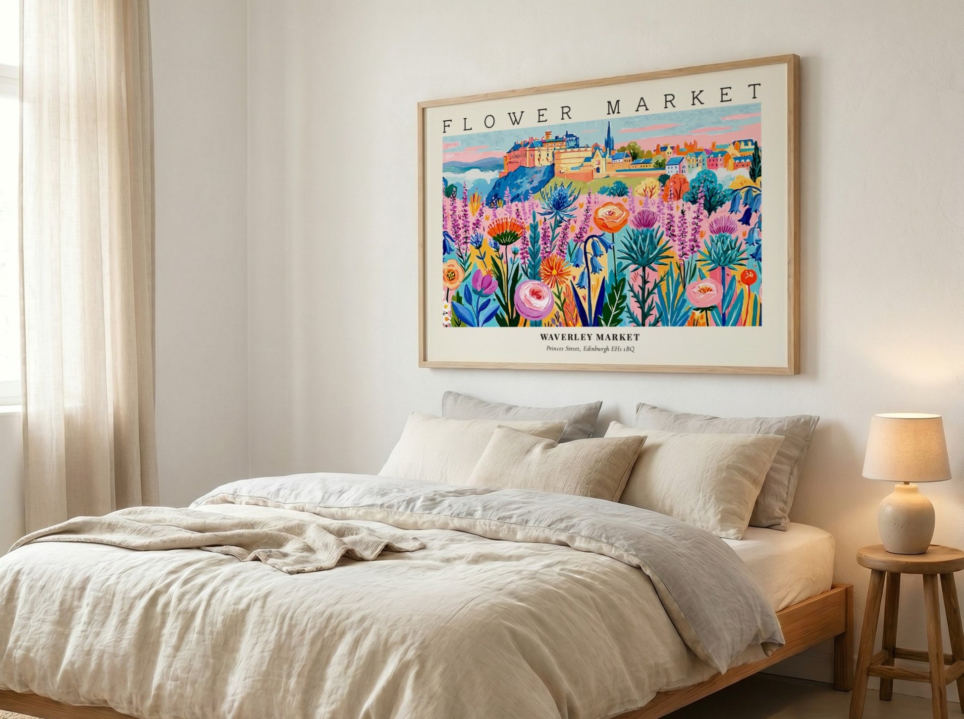 Flower market poster showcasing vibrant Edinburgh flowers in bright colors