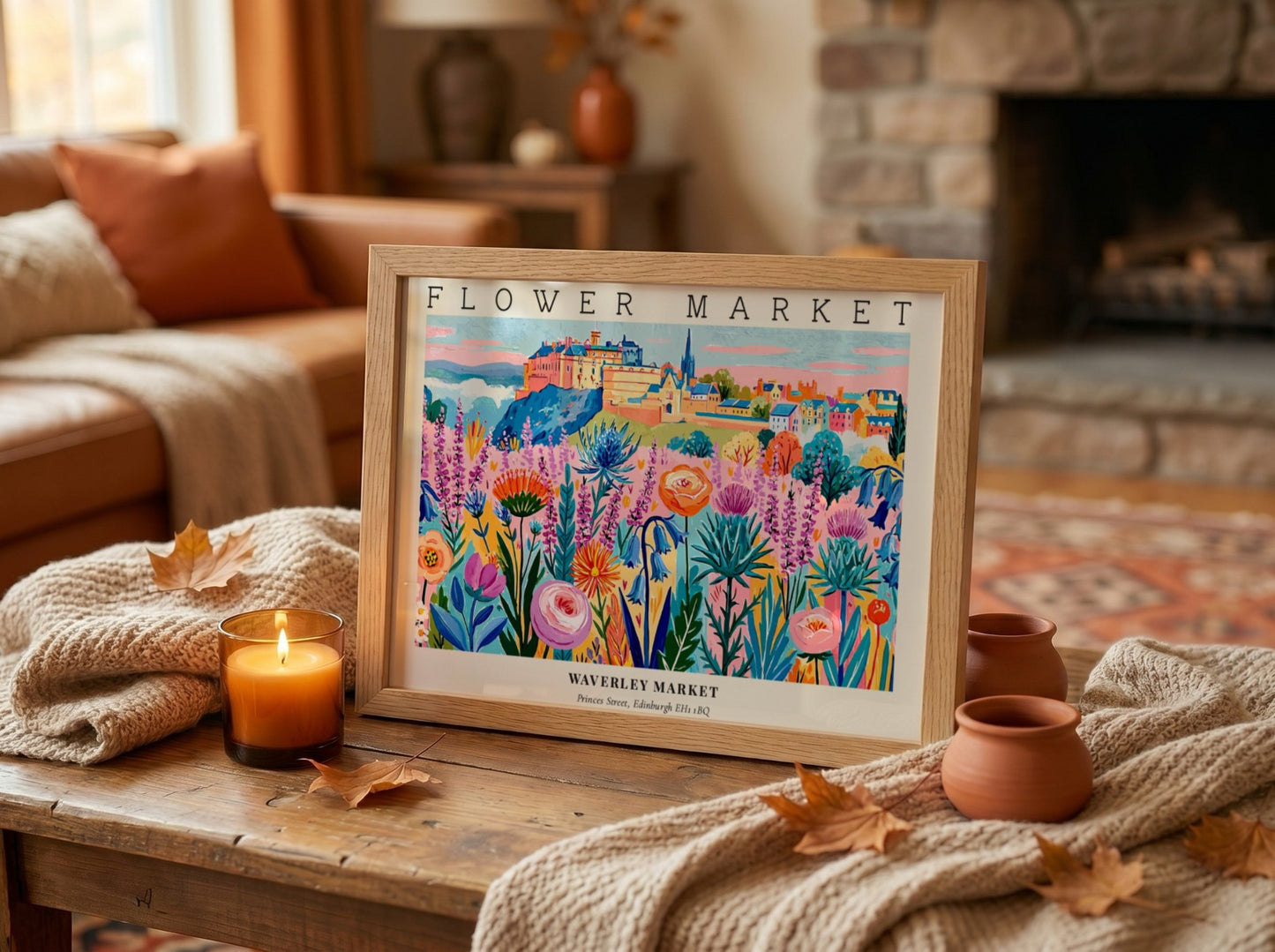 Flower market poster featuring vibrant blooms in a colorful landscape