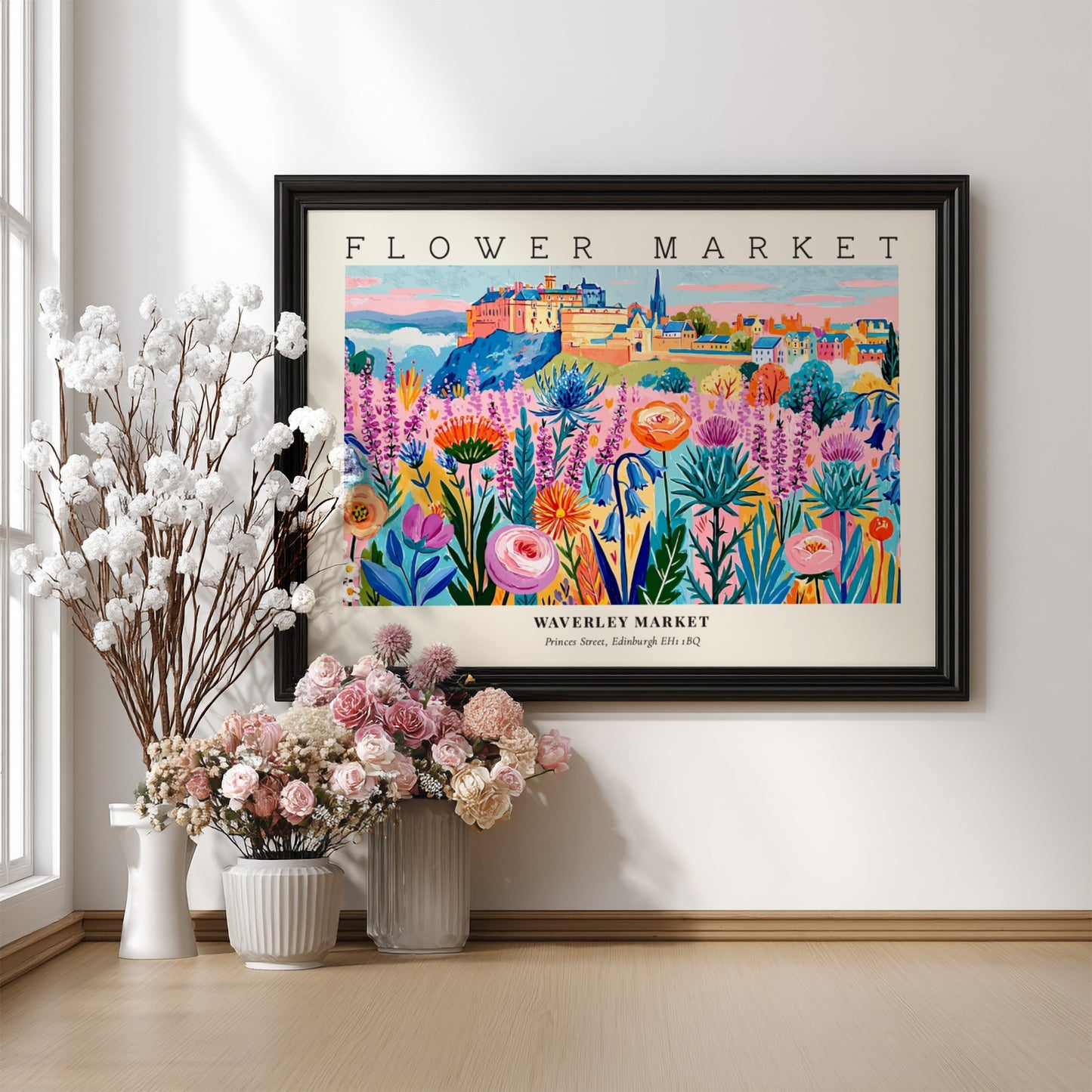 Flower market poster showcasing vibrant Edinburgh flowers in bright colors