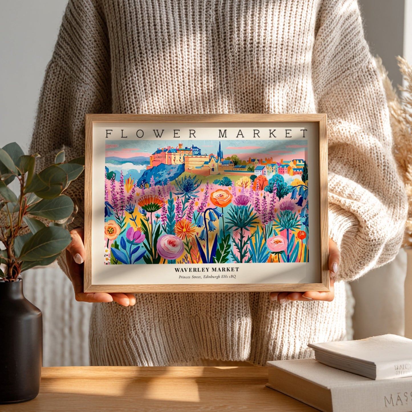 Flower market poster featuring vibrant blooms in a colorful landscape