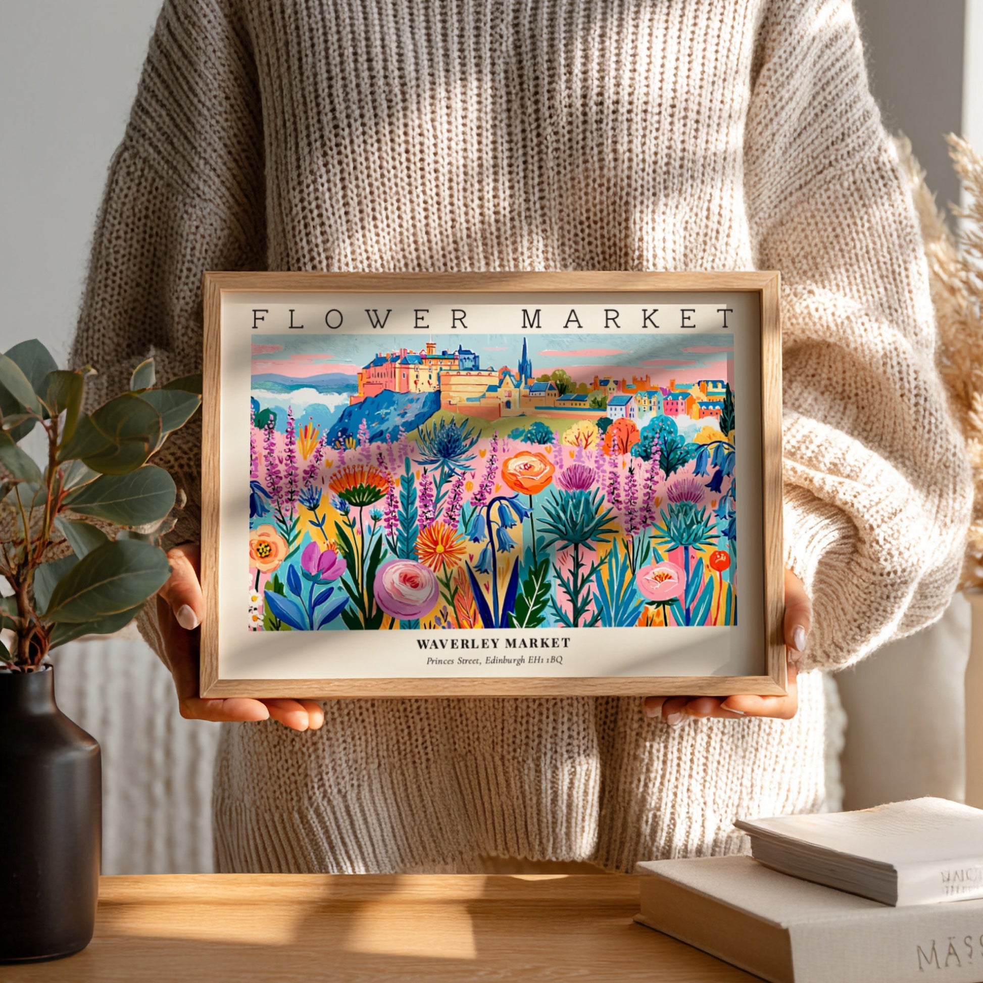 Flower market poster featuring vibrant blooms in a colorful landscape