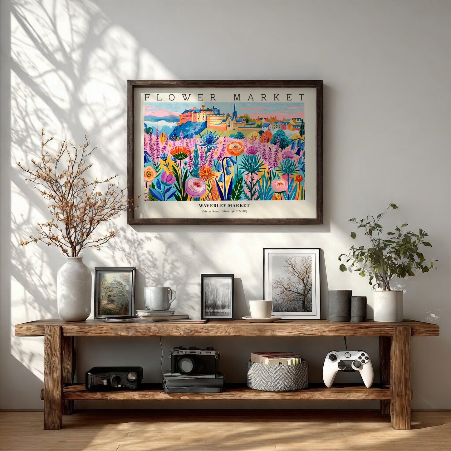 Flower market poster showcasing vibrant Edinburgh flowers in bright colors