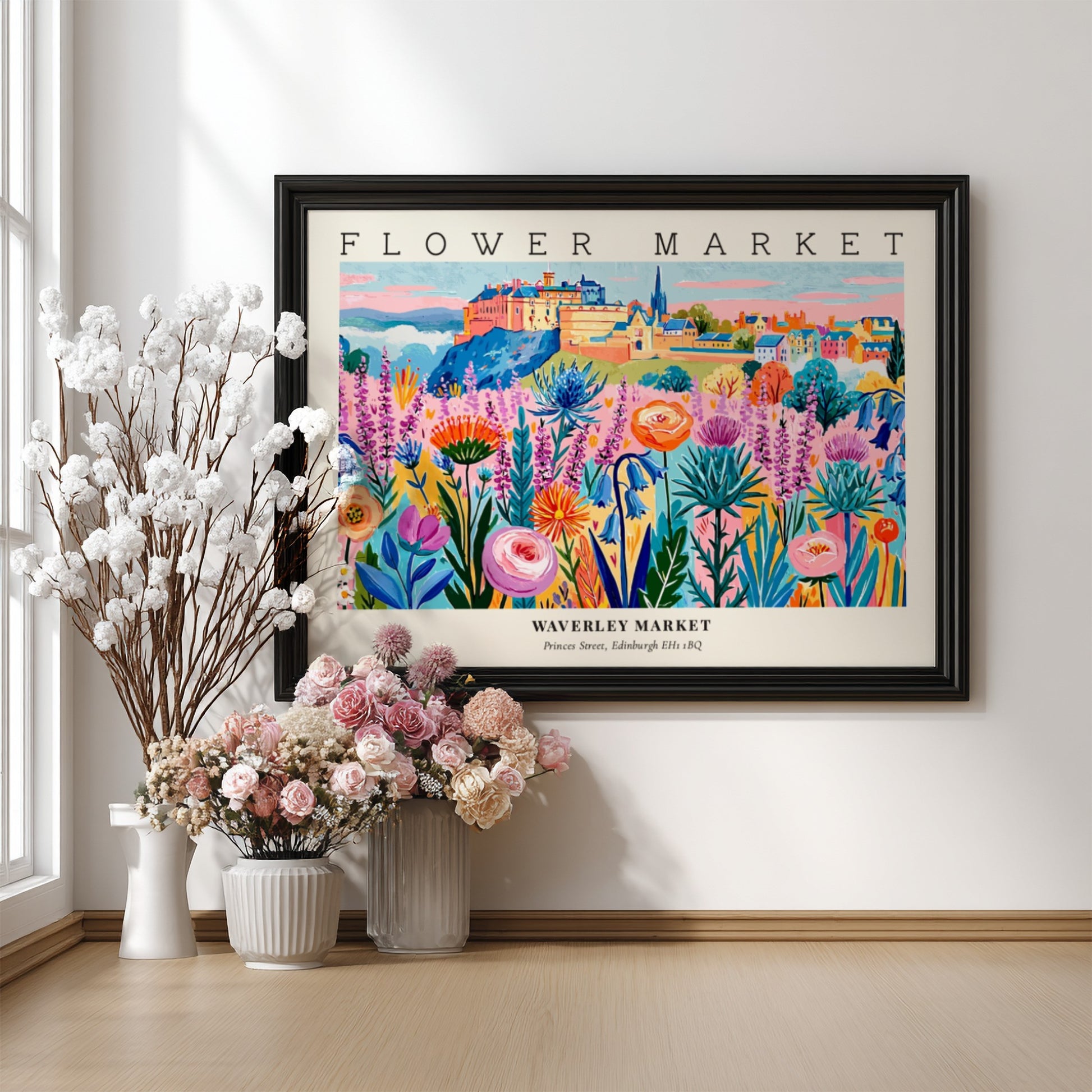 Flower market poster featuring vibrant blooms in a colorful landscape