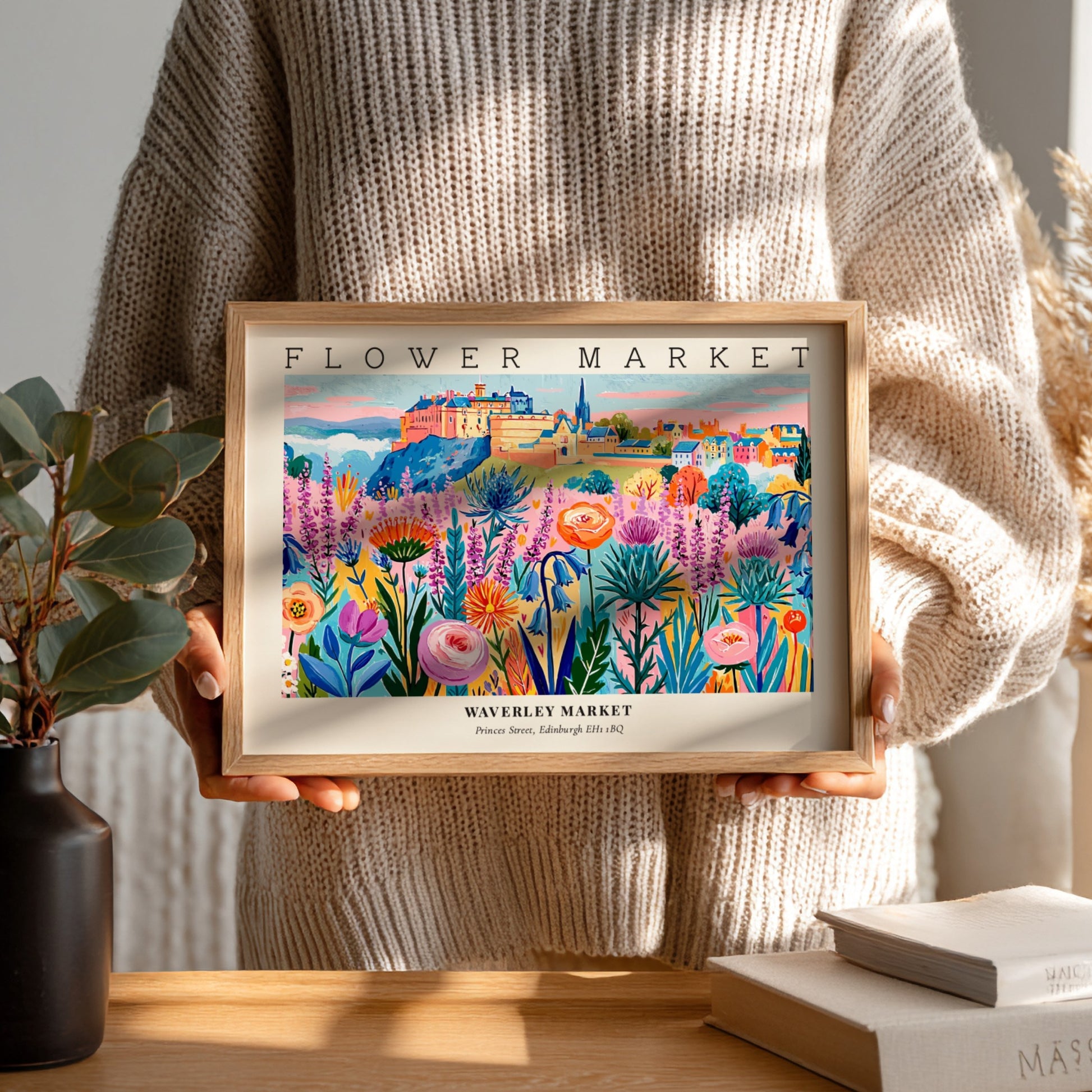 Flower market poster showcasing vibrant Edinburgh flowers in bright colors
