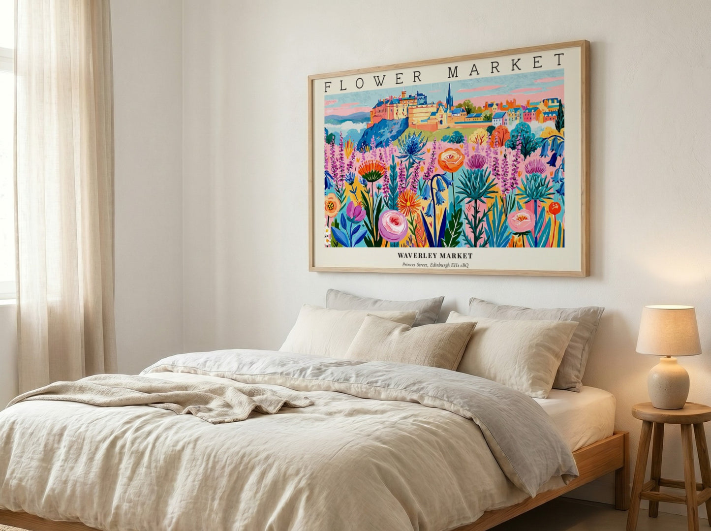 Flower market poster featuring vibrant blooms in a colorful landscape