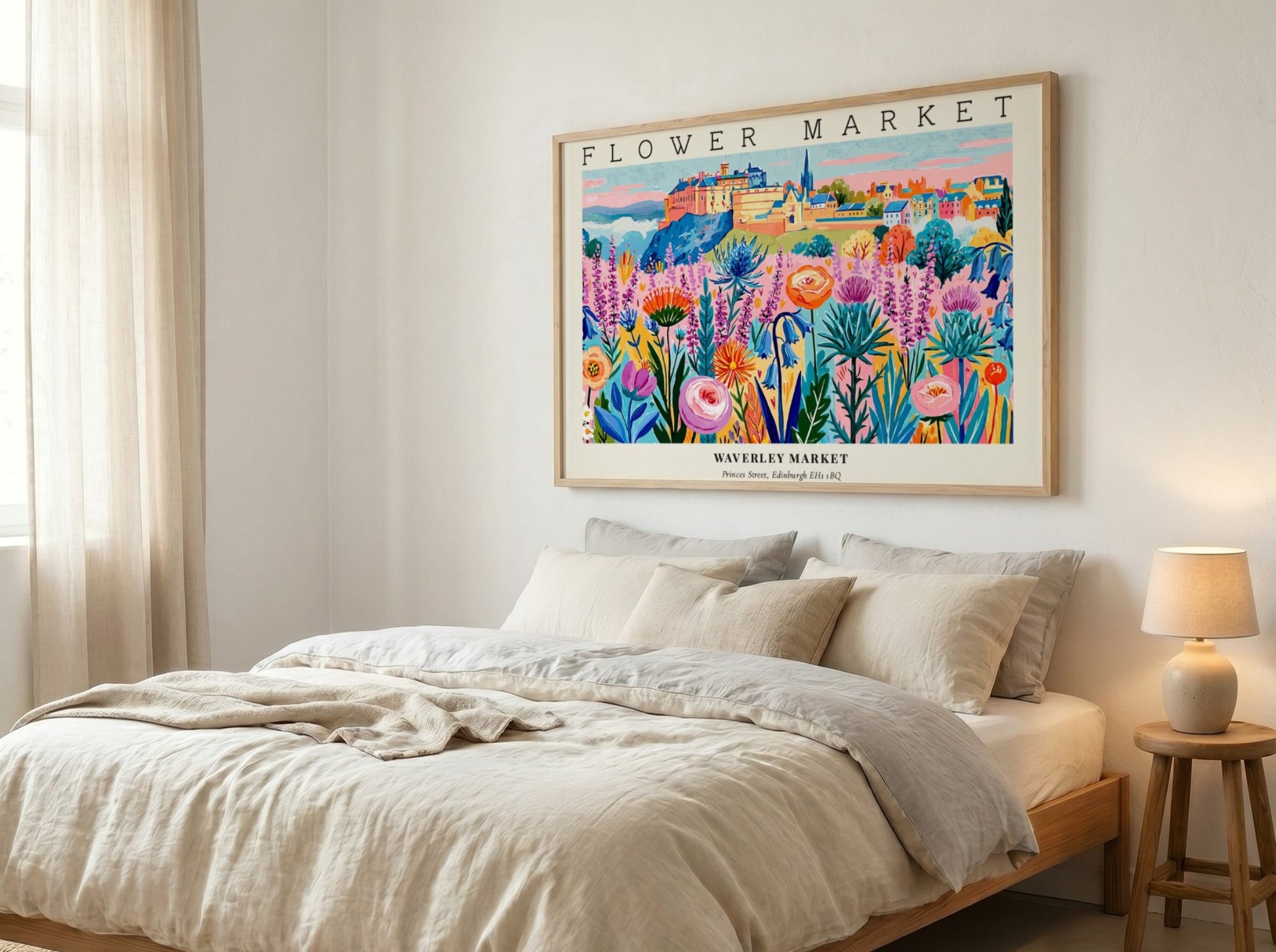 Flower market poster featuring vibrant blooms in a colorful landscape