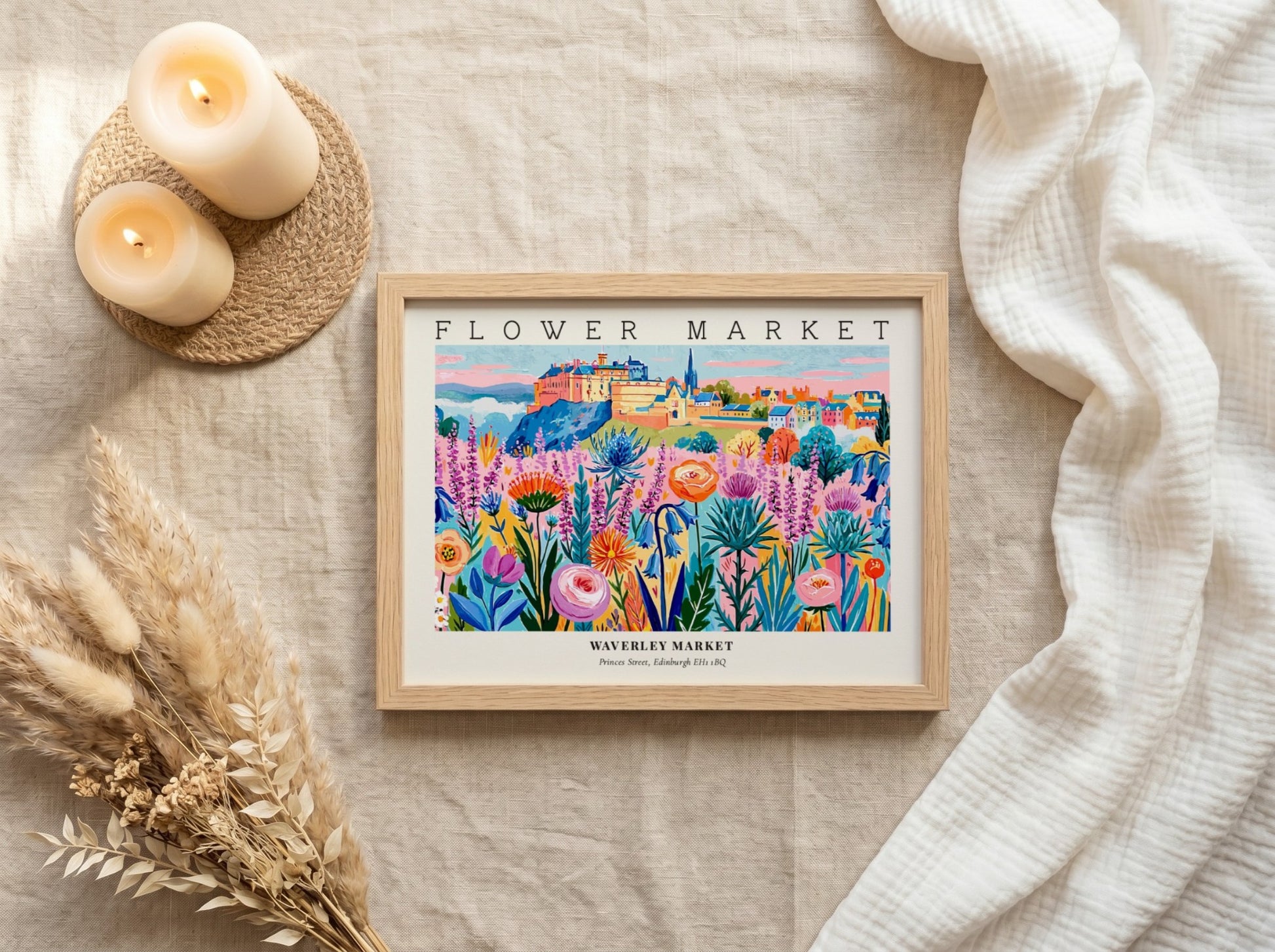 Flower market poster showcasing vibrant Edinburgh flowers in bright colors