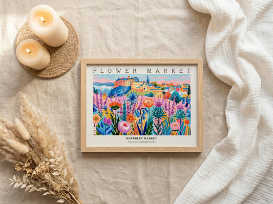 Flower market poster showcasing vibrant Edinburgh flowers in bright colors