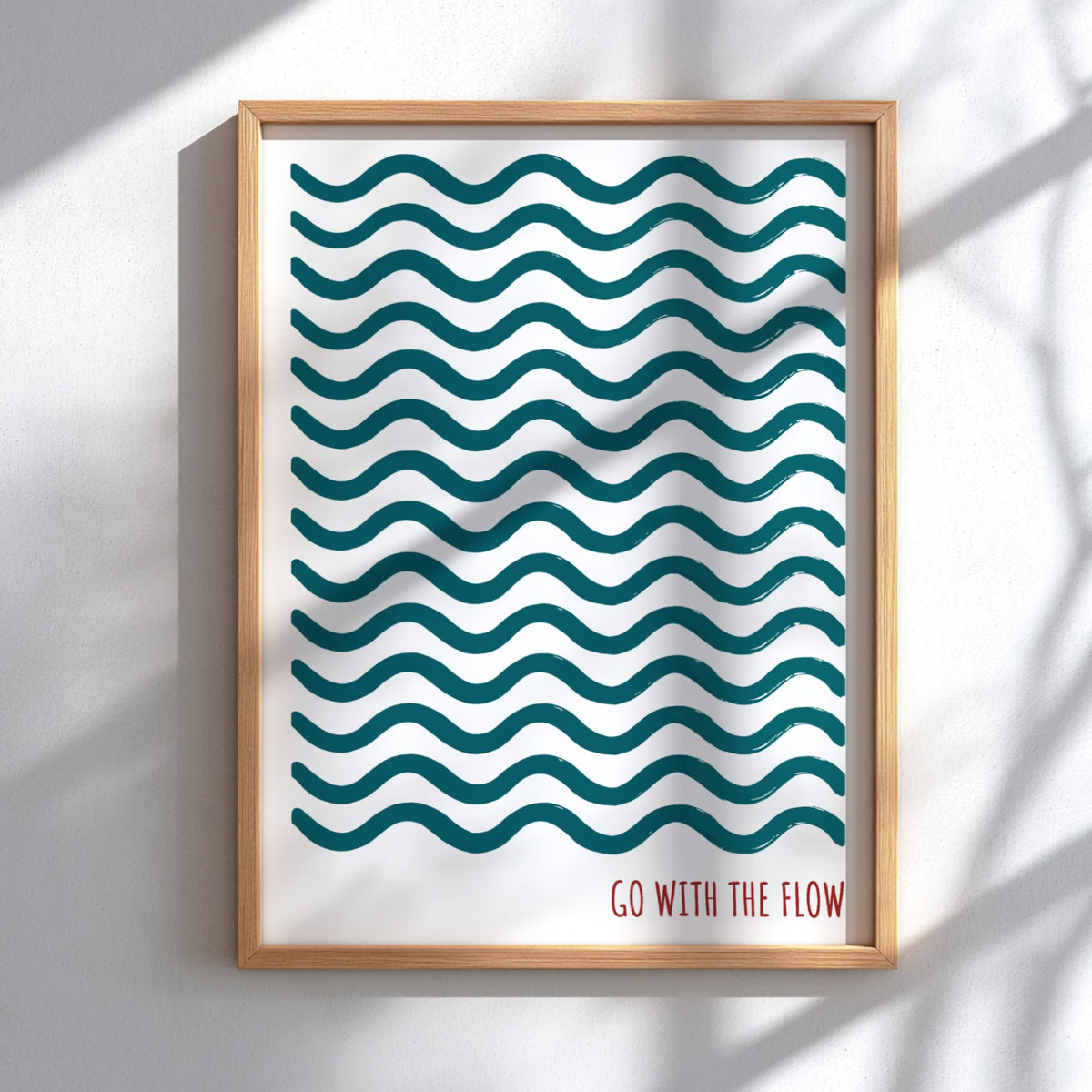 Motivational poster featuring repeating wavy teal lines and the quote go with the flow.