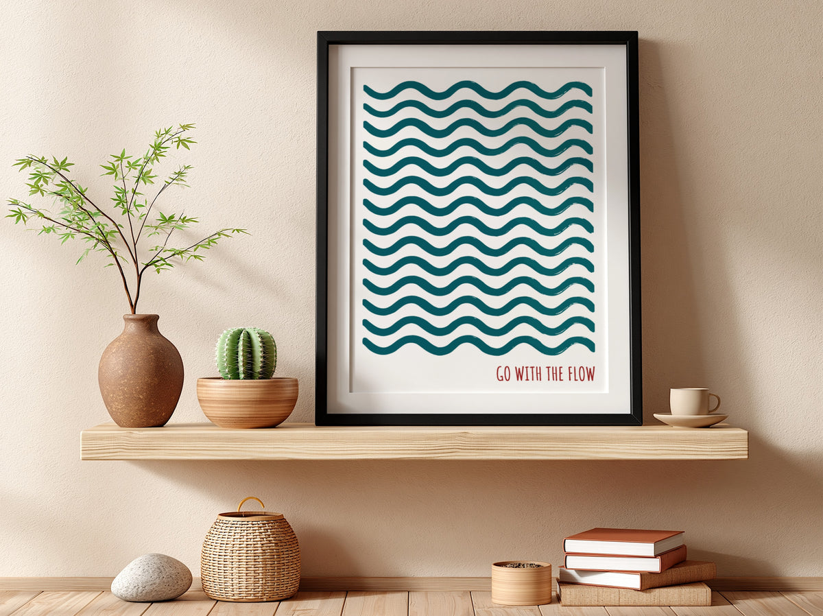 Motivational poster featuring repeating wavy teal lines and the quote go with the flow.