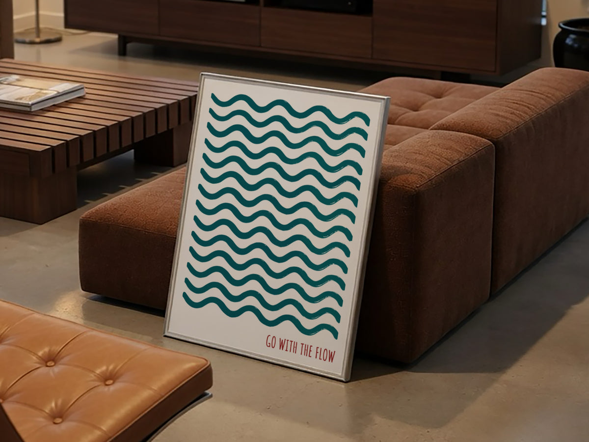 Motivational poster featuring repeating wavy teal lines and the quote go with the flow.