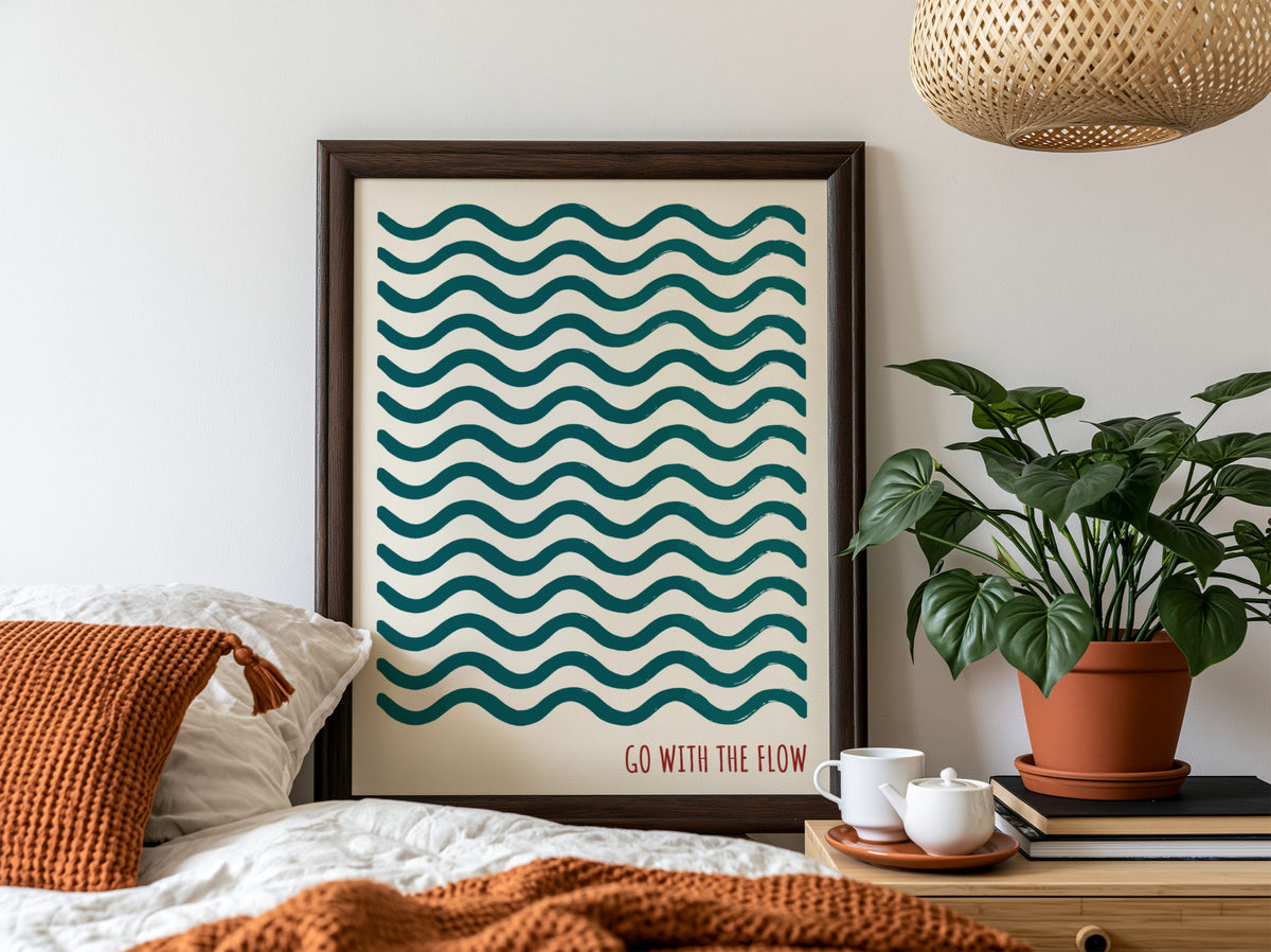 Motivational poster featuring repeating wavy teal lines and the quote go with the flow.