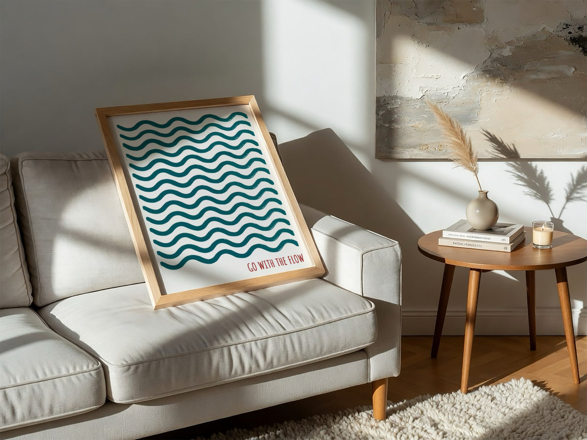 Motivational poster featuring repeating wavy teal lines and the quote go with the flow.
