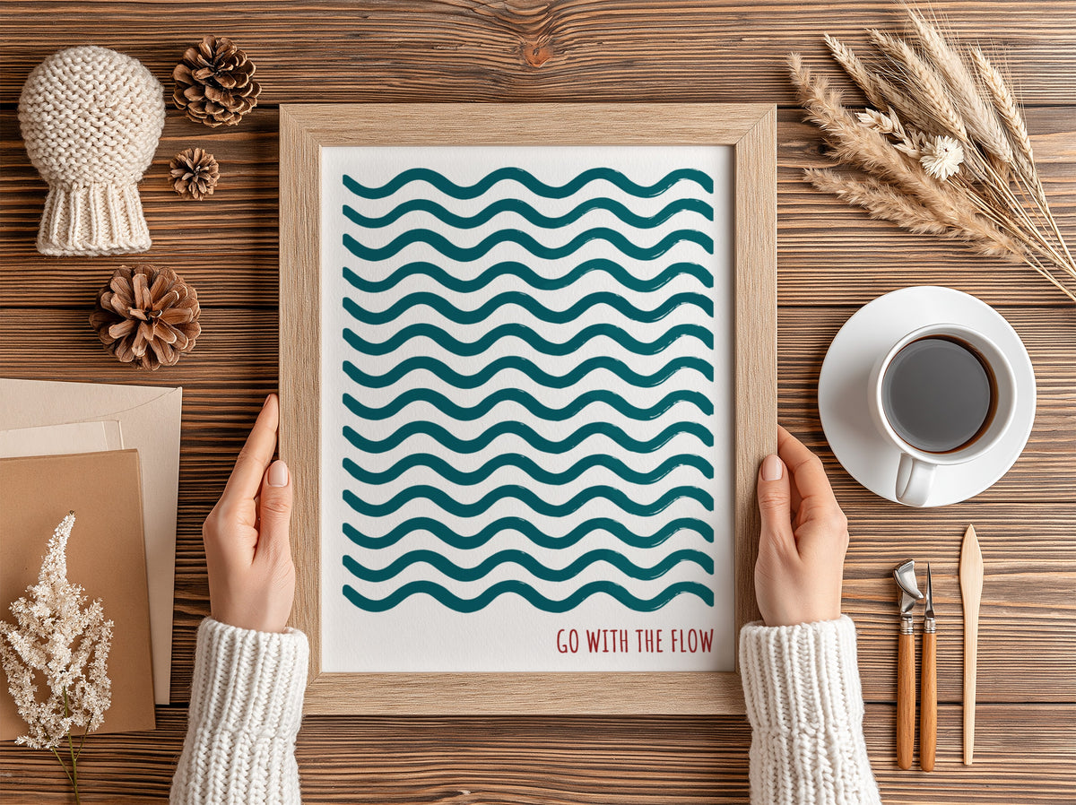 Motivational poster featuring repeating wavy teal lines and the quote go with the flow.