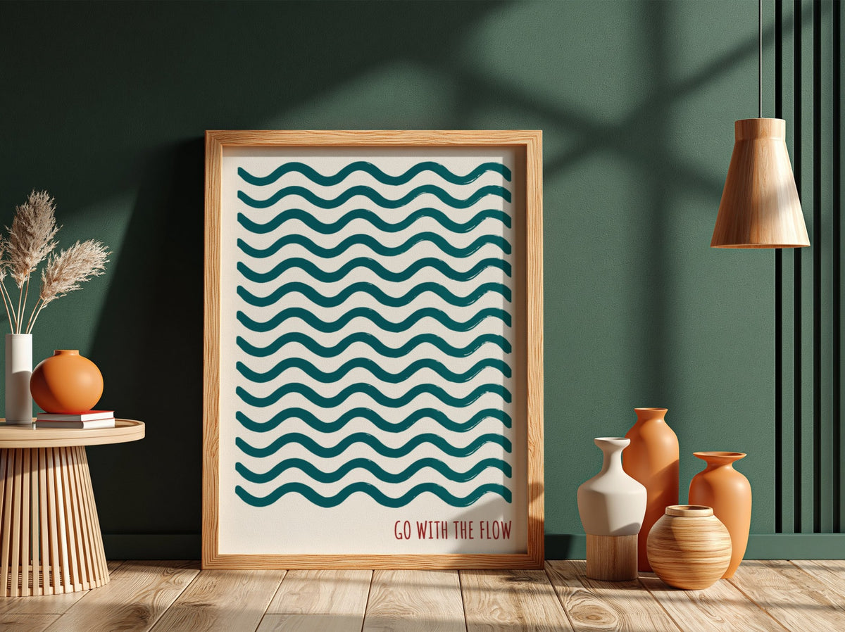 Motivational poster featuring repeating wavy teal lines and the quote go with the flow.