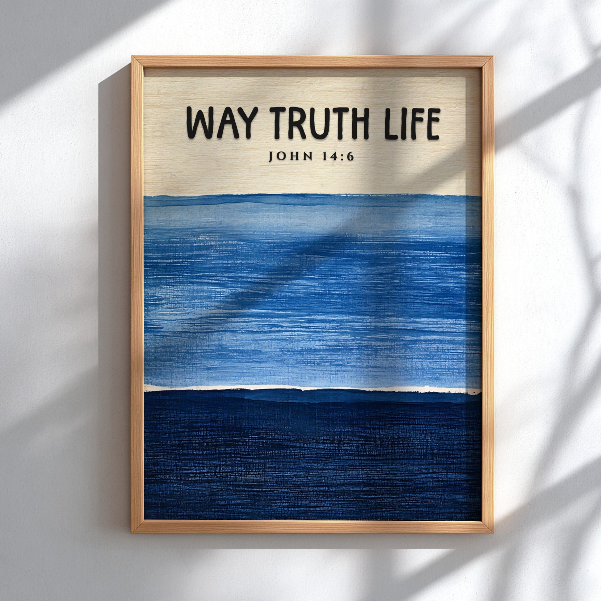 Inspirational religion poster featuring John 14:6 in calming blue tones