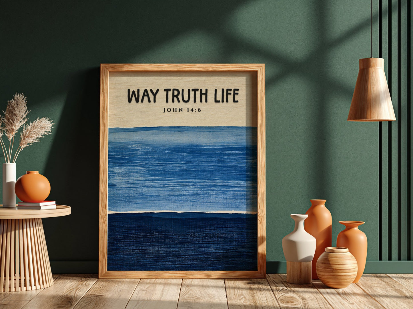Inspirational religion poster featuring John 14:6 in calming blue tones