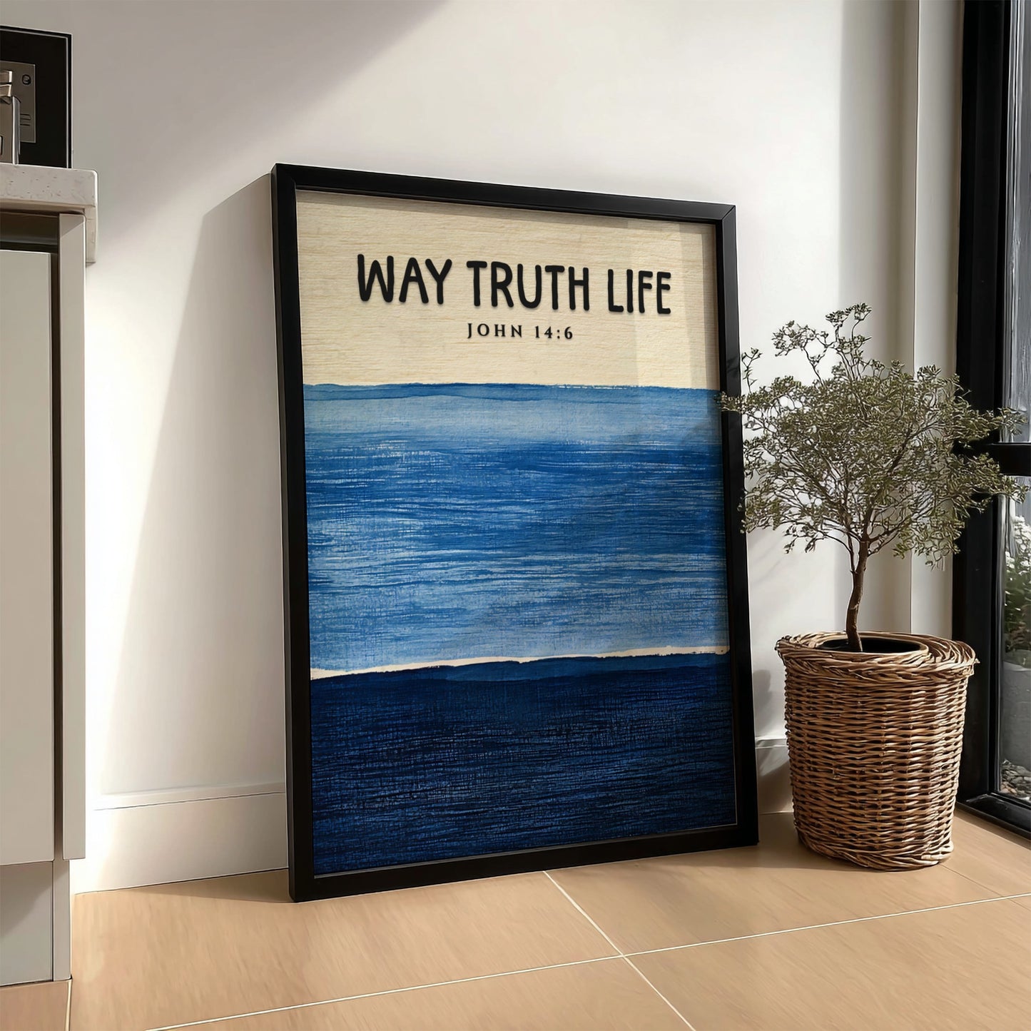 Inspirational religion poster featuring John 14:6 in calming blue tones