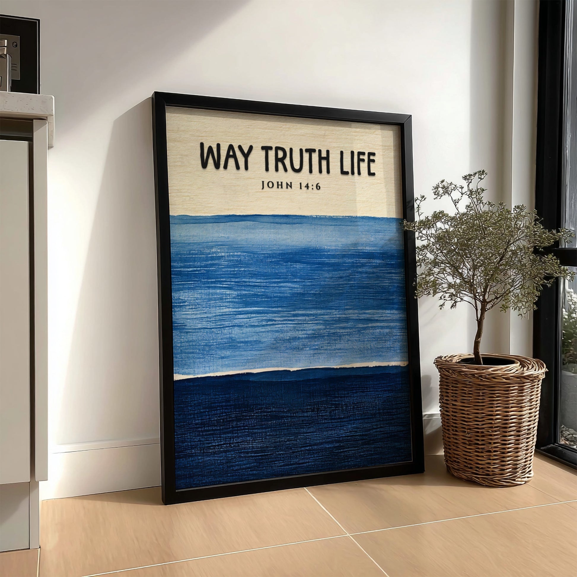 Inspirational religion poster featuring John 14:6 in calming blue tones