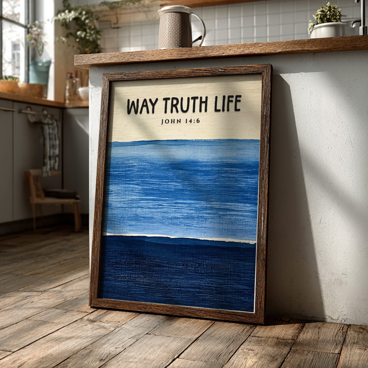 Inspirational religion poster featuring John 14:6 in calming blue tones