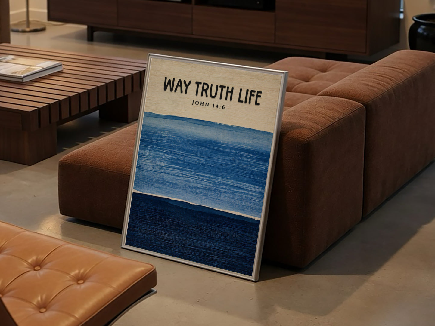 Inspirational religion poster featuring John 14:6 in calming blue tones
