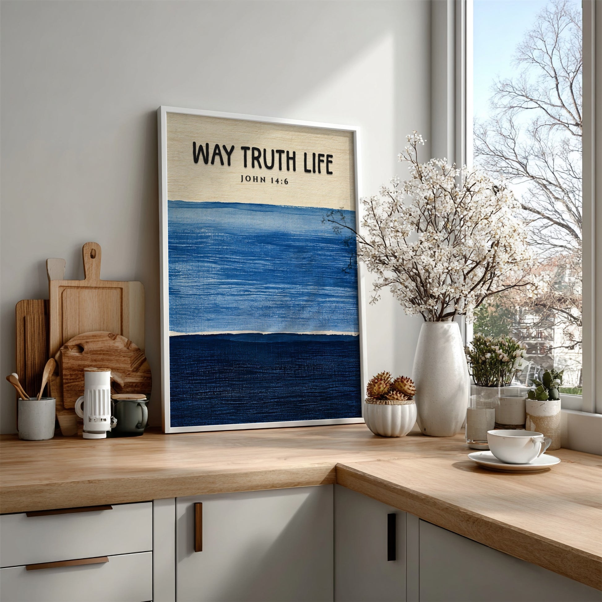 Inspirational religion poster featuring John 14:6 in calming blue tones